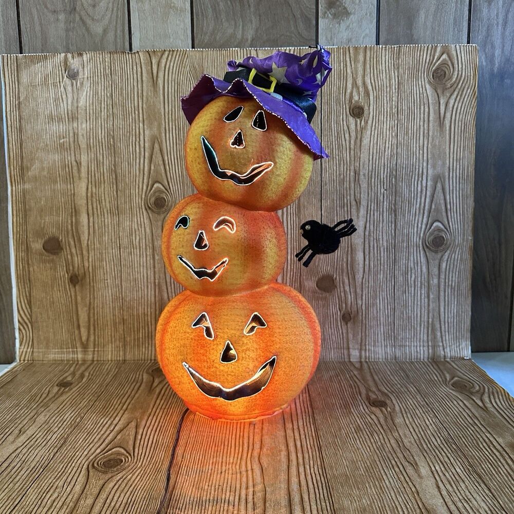 Gemmy Halloween Stacked Jack o Lanterns Foam Lighted Pumpkins 20” Totem